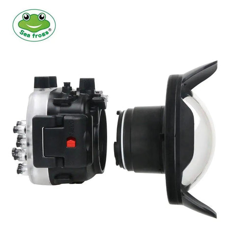 Underwater Housing For Sony ZV-E10 With Dome Port, Waterproof To 40 Meters 130 Feet, side view and dome port detached