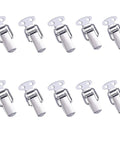 Mini Toggle Latches With Spring Loaded Clamp Clip for cabinets, boxes, crates and chests, ten silver metal latches displayed