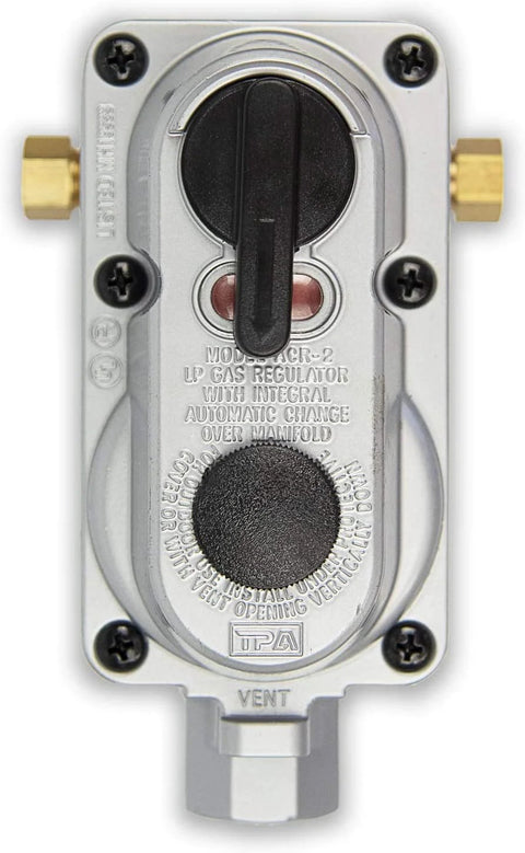 Flame King KT18ACR-2 two-stage LP gas regulator, front view, with black lever and brass inlet fittings.
