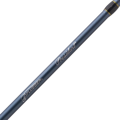 Close-up of President 30 Two Piece Medium Rod with Six Foot Six Inch Length showing brand logo and smooth graphite texture.