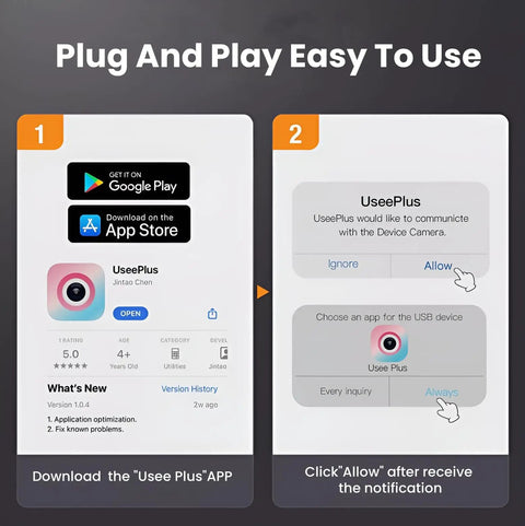 Instructions for UseePlus app download and setup for Dual Lens Endoscope Camera With Light And Eight Adjustable LED Lights, 1920x1440 HD Borescope