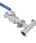 Quick Connect Clamp Ball Valve Featuring Slick Ferrule Design For Hassle Free Plumbing Setup And Rock Solid Fluid Control For Smooth Pipe Fittings And Efficient Maintenance, stainless steel with blue lever.