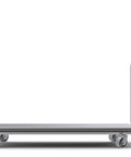 Platform cart in silver steel with tall handle and four caster wheels; side view.
