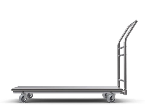 Platform cart in silver steel with tall handle and four caster wheels; side view.