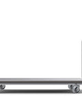 Side view of a flat steel loading cart with four rotating steel casters on a smooth floor, featuring a tall handlebar for pushing.