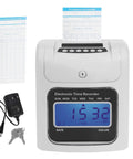 Heavy Duty Electronic Punch Time Clock For Small Business Crews with display and card feeder, includes keys and power adapter.