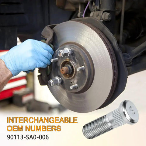 Straight Up Heavy Duty 5 Pack Car Wheel Studs And Steel Lug Bolts 44 Mm Long shown during brake installation on vehicle.
