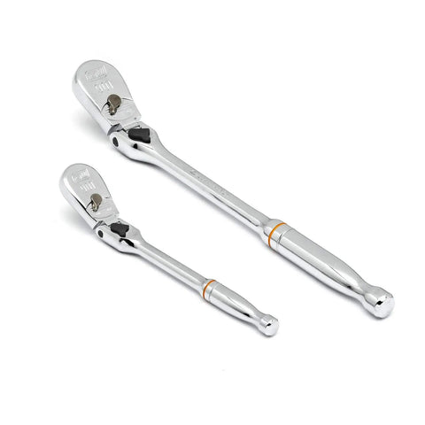 Two Piece One Quarter And Three Eighth Inch Drive 90 Tooth Locking Flex Head Teardrop Low Profile Ratchet Set Built For Tight Spots