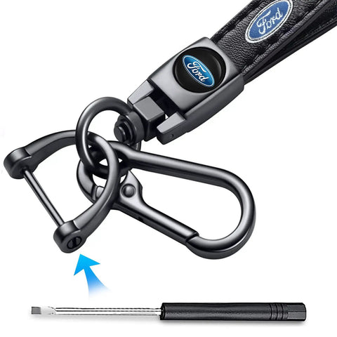 Premium Genuine Leather Car Key Chain Ford Style Zinc Alloy Key Fob Cover with swivel clip and black leather design.