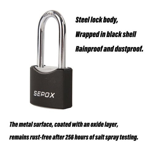 All Weather Outdoor Padlock Set Keyed Alike, steel lock with black shell, waterproof and rust resistant