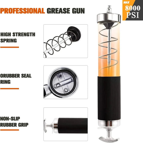 Front view of grease gun with quick-release coupler, 14 oz capacity, pistol grip.