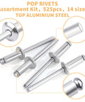 Aluminum Pop Rivets Kit With 525 Pcs Assorted Blind Rivets Set Dome Head Includes 3/32 to 1/4 Inch Sizes for DIY and Repairs
