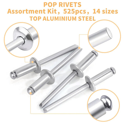 Aluminum Pop Rivets Kit With 525 Pcs Assorted Blind Rivets Set Dome Head Includes 3/32 to 1/4 Inch Sizes for DIY and Repairs