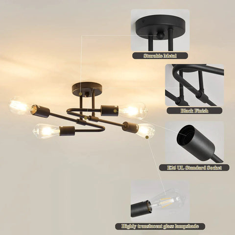 4 Light Black Semi Flush Mount Sputnik Ceiling Light Fixture with E26 Bulb Base and matte metal finish