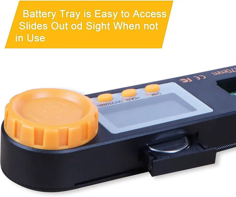 Dead On Accurate Digital Angle Finder With Bright Led Display And Spirit Level No Fuss 5 Inch Pocket Protractor showing battery tray detail.