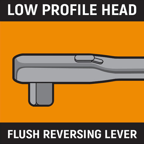 Illustration of low profile head and flush reversing lever of Half Inch Drive Micrometer Torque Wrench With 20 To 150 Foot-Pounds Range
