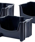 Jumbo Stackable Storage Bins Pack Of 3 With Large Easy Grip Handles And Wide Front Opening For Quick Access Interlocking And Vertical Stacking Heavy Duty Rust And Water Resistant Black shown in front view.