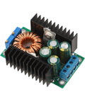 Professional Top Shelf 300 Watt Adjustable Dc Dc Buck Converter Module with metal heatsinks and capacitors for LED rigs and battery builds.