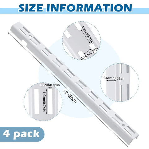 Four Piece Set Of Twelve Inch Dual Track Upright Wall Shelves With Notched Bracket Rail And Heavy Duty Adjustable Brackets, size dimensions image.