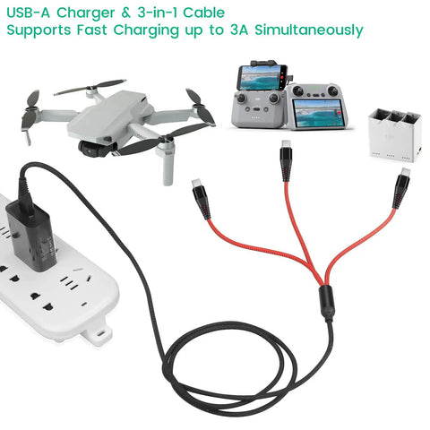 3 In 1 3A Fast Charging Usb C Cable For Drone Remotes And FPV Gear 4Ft Splitter Cable With Three Type C Plugs And Adapter shown