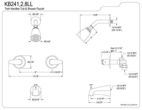 Technical schematic of Legacy Tub And Shower Faucet In Brushed Nickel With Solid Brass And ABS Build, Dual Lever ADA Handles, 5 GPM Spout Flow, 1.8 GPM Showerhead, Wall Mount, Half Inch IPS, Durable Washerless Cartridge, Adjustable Tub Spout Reach.