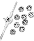 Solid 11 Piece Screw Thread Tap Die Set With Precision CNC Machined Tools Made For Heavy Duty Mechanical Jobs And Hard Steel Cutting Up To 60 Hrc High Performance Hand Tool Kit Including Quick Grip 25mm Wrench, metric taps and die holder