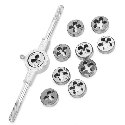 Solid 11 Piece Screw Thread Tap Die Set With Precision CNC Machined Tools Made For Heavy Duty Mechanical Jobs And Hard Steel Cutting Up To 60 Hrc High Performance Hand Tool Kit Including Quick Grip 25mm Wrench, metric taps and die holder