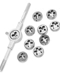 Precision Hand Screw Tap And Die Set For M6 To M12 Threads Featuring Heat Treated Industrial Bearing Steel, CNC Machined Cutting Teeth, Heavy Duty Socket Wrench For Rigorous Mechanical Fabrication Projects And Pro Level External Thread Cutting Work, M6-M12 dies