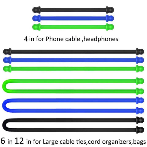 Silicone Cable Tie Set For Easy Cord Organization Including 4 Inch, 6 Inch, And 12 Inch Ties In Black Blue And Green Reusable Bundling Straps