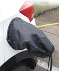 All Weather Magnetic EV Charger Port Cover Chrysler Pacifica Hybrid on vehicle, waterproof fabric, protecting socket from rain.