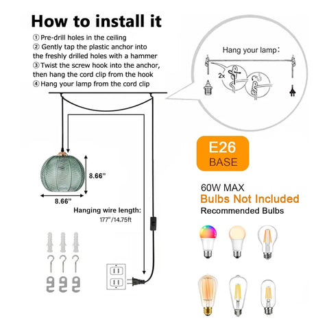 Installation guide for Green Glass Plug In Pendant Light With Cord Hand Blown 8.66 Inch Ribbed Glass Shade