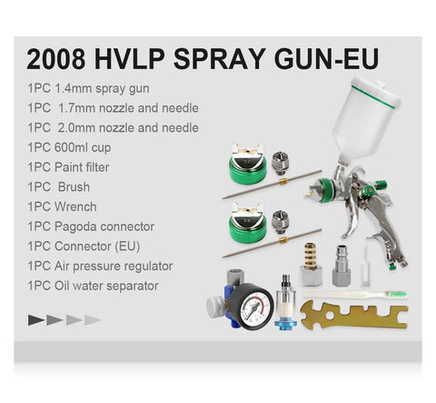 Hella Adjustable Pneumatic Paint Sprayer Featuring Pro Grade Brass Valve And Rock Solid Chrome Aluminum Housing Delivers Slick Coatings For Fast Auto Detailing Or Household Makeovers Without Any Hassle, 2008 HVLP spray gun kit with various nozzles and accessories.