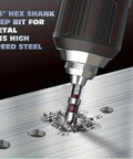 Pro Grade Countersink Drill Bit Set M35 5 Flute HSS 82 Degree Hex Shank drilling into metal, chip removal lots of holes visible.