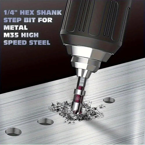 Pro Grade Countersink Drill Bit Set M35 5 Flute HSS 82 Degree Hex Shank drilling into metal, chip removal lots of holes visible.
