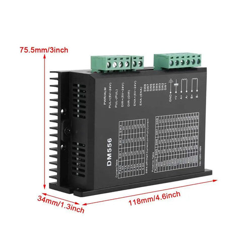 DM556 Two Phase Stepper Motor Driver for 24V to 50V DC, side view showing dimensions and connection terminals