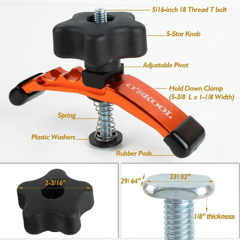 Positionable T-Track Hold Down Clamp Kit for CNC Routers showing 5-star knob, adjustable pivot, and spring mechanism, 6063-T5 aluminum.