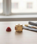 Heavy Duty Simhoa Stage Fog Machine Nozzle Replacement Fitting With Brass Hex Body Threaded Connector And Cap For Epic Nightclubs And Party Event Setups on a wood surface with tools.
