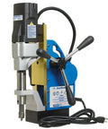 Powerful Pro Grade Automatic Magnetic Drill Press Featuring Slick Auto Feed Variable Speed And Reverse Control For Knockout Precision Holes On Heavy Steel And Pipe, showing front view and detailed design.