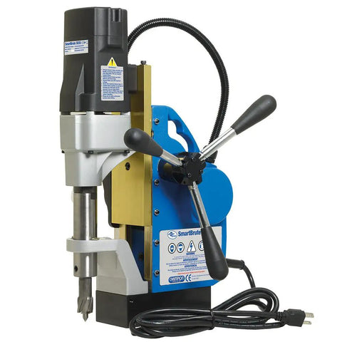 Powerful Pro Grade Automatic Magnetic Drill Press Featuring Slick Auto Feed Variable Speed And Reverse Control For Knockout Precision Holes On Heavy Steel And Pipe, showing front view and detailed design.