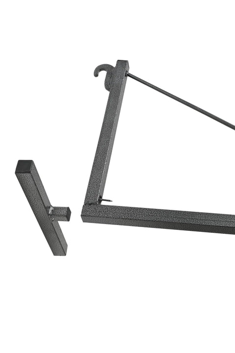 Heavy Duty No Drill Shelf Bracket for Containers showing steel frame and hook design, 18.5 inch deep, supports 550 pound per arm, close-up view.