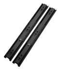Two black 14-inch full extension telescoping drawer slides with ball bearing rails for cabinets in workshop or desk use.