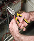 Journeyman Pliers With Crimp Die Behind Hinge For Superior High Leverage Crimping, demonstrating use on electrical wiring