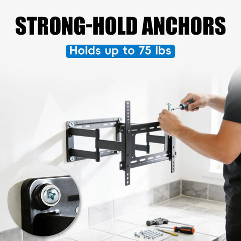 Self Drilling Drywall Anchors With Screws Kit 120 Pieces, person mounting TV bracket on wall holding up to 75 lb