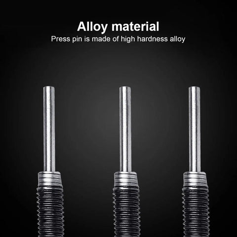 Universal Chain Breaker Tool Kit With 15 Piece Master Link Pins For 420 428 530 Chains Beefy Heavy Duty Steel close-up of alloy pins.