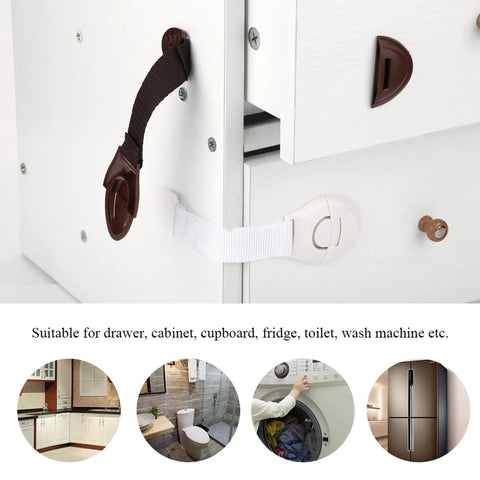 Baby Safety Locks For Cabinets And Drawers Adhesive with flexible belt connecting cabinet doors, durable ABS and nylon material.