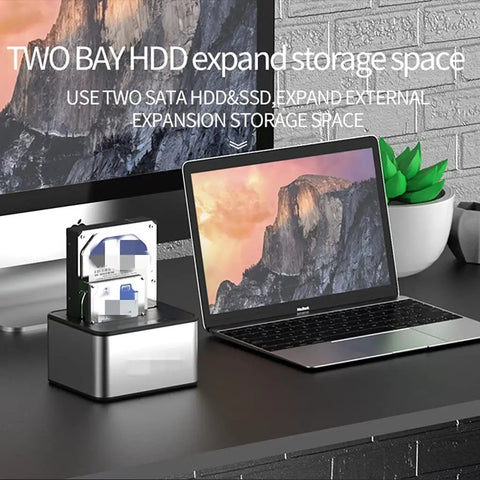 Straight Up Aluminum Docking Station For 2.5 And 3.5 Inch HDD And SSD With USB 3.0 hot swap ready, on desk with laptop.