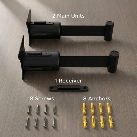 Wall Mounted Retractable Belt Barrier Two Pack For Crowd Control With 10 Foot Belts, screws, anchors, and receiver shown.