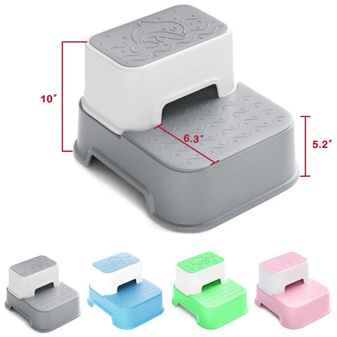 Two Step Toddler Stool Set Of Two, Super Sturdy Non Slip Bath Footrest For Kids Potty Training And Sink Washing, Straight Up Essential For Growing Toddlers, Light Grey with size dimensions.