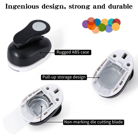 Three Pack Circle Punches Set For Paper Crafts 1.5 Inch, 1 Inch, And 0.6 Inch Round Hole Punches showing design features and storage