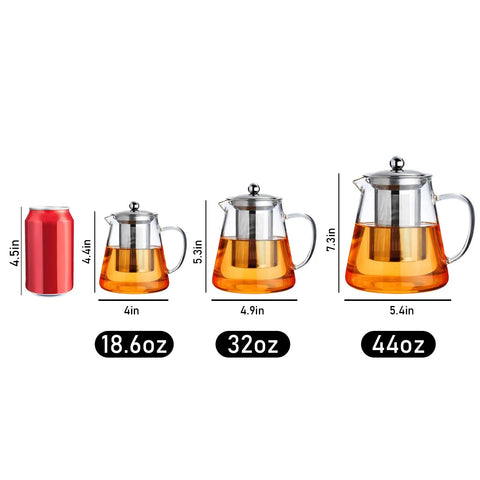 Comparison of different sizes of stovetop safe glass teapots with removable stainless steel infusers, alongside a soda can for scale.